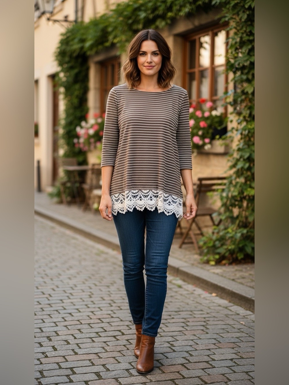 St. John’s bay Brown and white Striped Lace-Hem Top